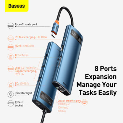 Baseus Metal Gleam Series 8-in-1 Multifunctional Type-C HUB Docking Station Blue - Image 4