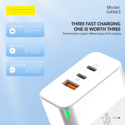 Foneng 65W GaN Fast Charger Adapter, PD Charger, Triple USB Wall Charger with Type-C to Type-C Cable - Image 4